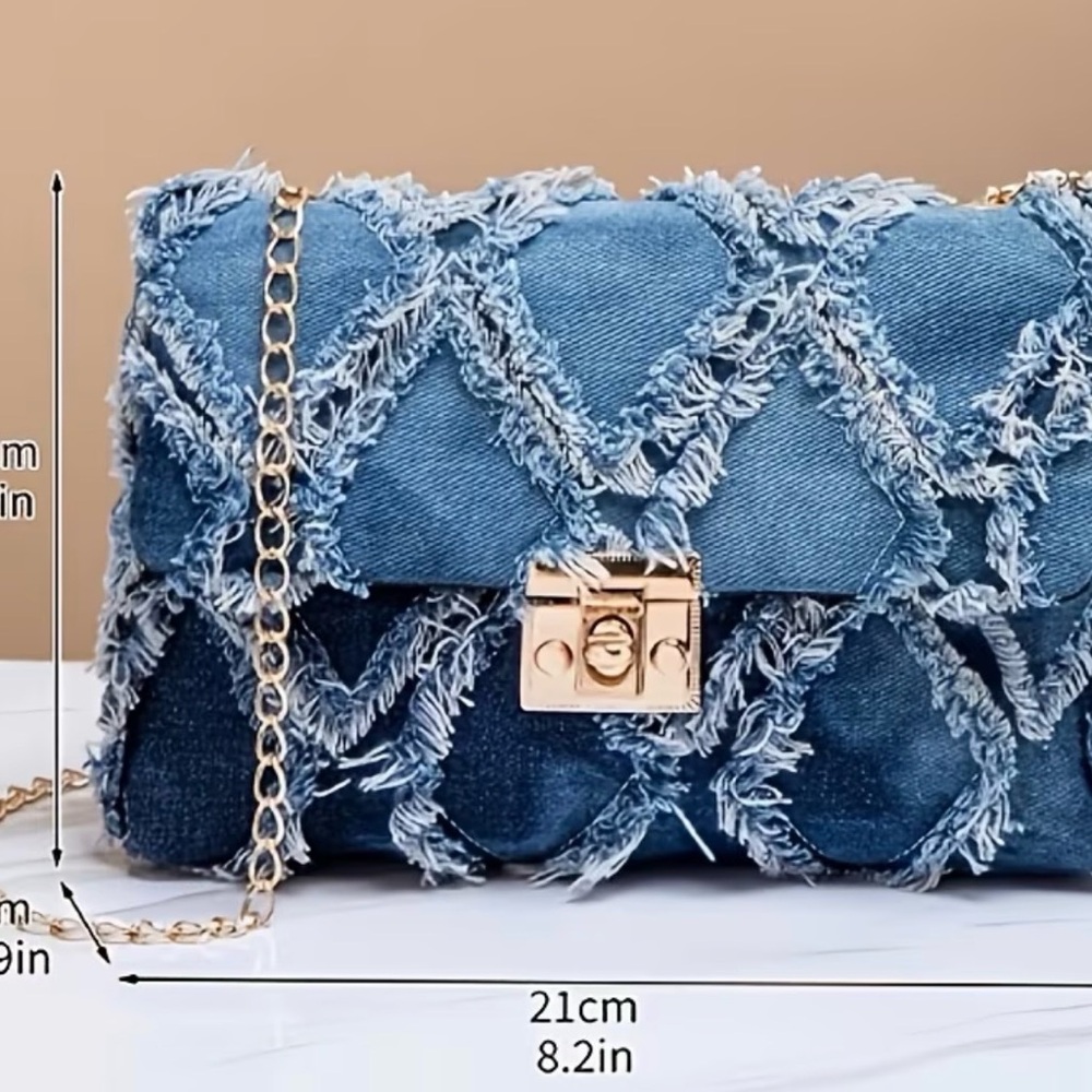 Stylish Blue Denim with Fray detail Clutch WITHOUT a Chain - Picture 2 of 3